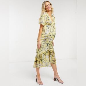 ASOS Hope & Ivy Maternity balloon sleeve drop hem midi dress in yellow d…